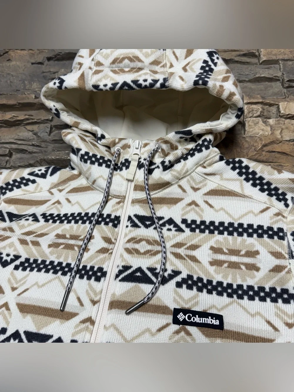 Columbia Sweater Weather Hooded Jacket Women XL Cream Aztec Print Fleece Pullove